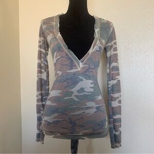 Y2K vintage Camouflage V-Neck Long Sleeve Top